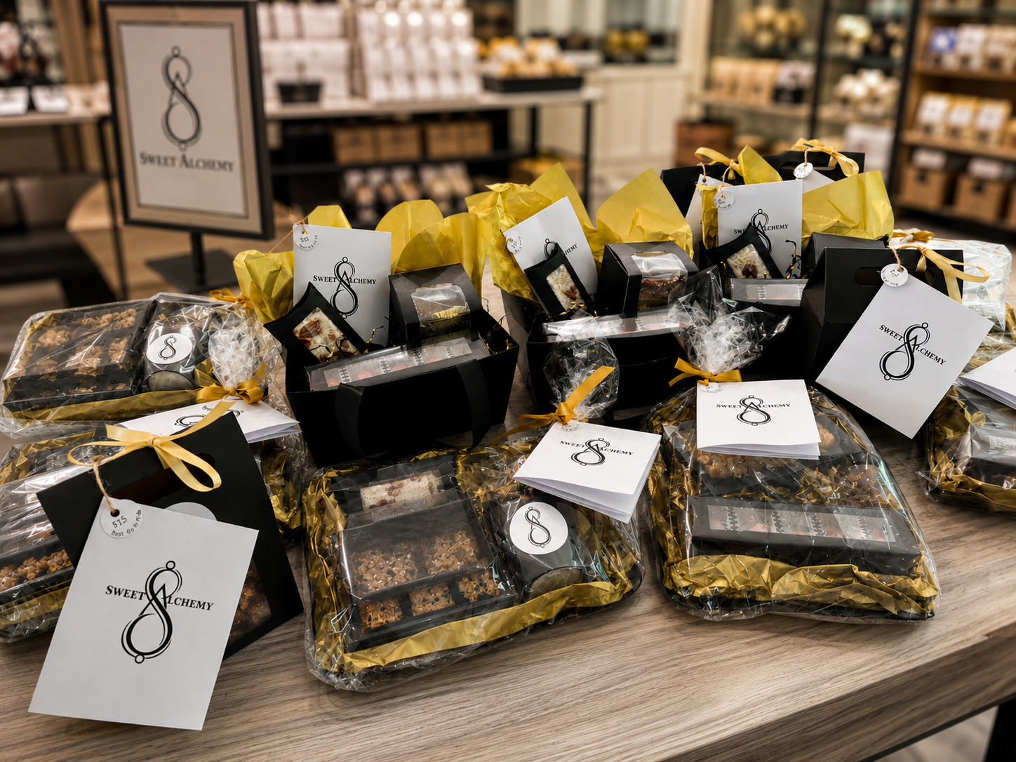 Multiple wrapped gift bundles prepared for corporate and event gifting